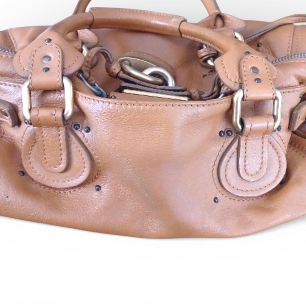 Authentic Chloe Paddington Tan Leather Satchel Gold padlock & key EUC Vintage - Picture 8 of 9